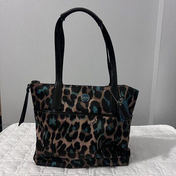 Coach Ocelot Print Tote Teal F25282 Black Teal Brown Shoulder Handbag w Hangtags - Picture 2 of 14
